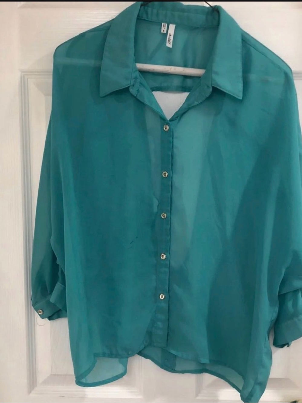 Studio Y Teal Sheer Button-Down Blouse